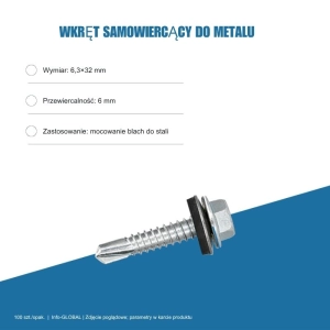 Wkręt samowiercący do metalu 6,3x32 mm, przewiercalność 6 mm, EPDM, 100 szt. – ocynk bez lakieru